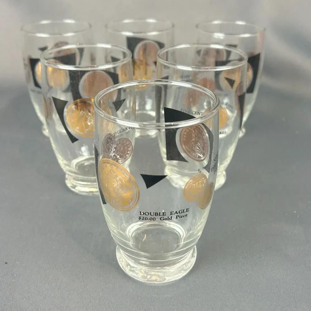 CERA Glasses Gold Black COINS by Bob Wallack MCM Tumbler Set of 6 NOS 1963